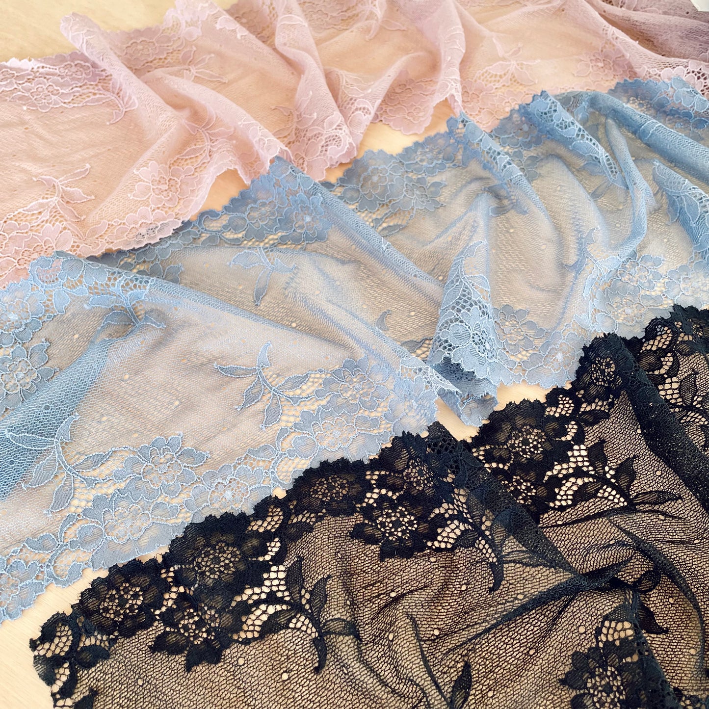 Premium Stretch Lace, 17cm Wide | Pink Quartz, Moon Blue, Black | Price per metre