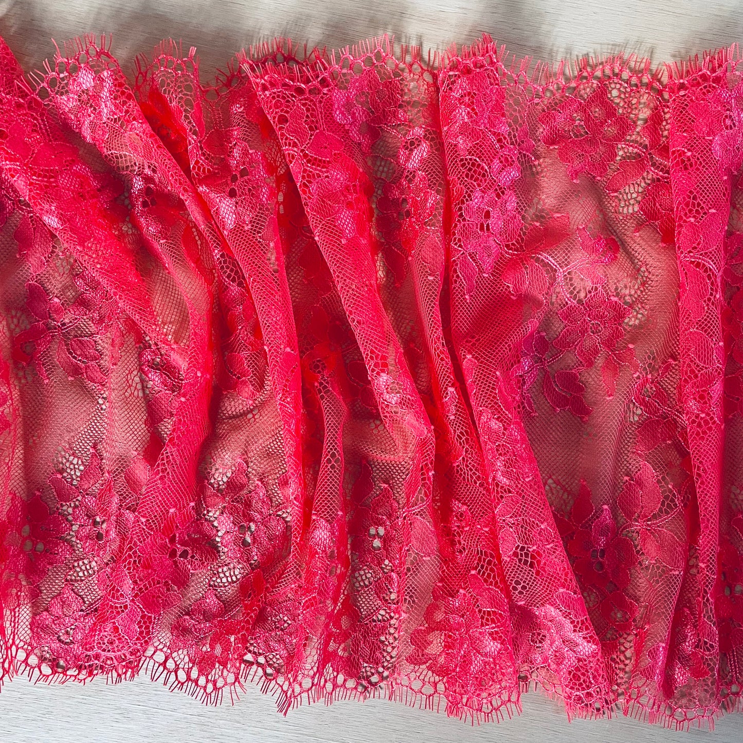 Sunlit Geranium Eyelash Lace 27cm Wide | Price per metre