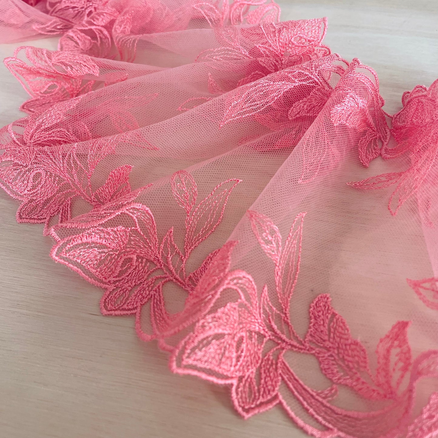 Soft Coral Foliage Embroidered Tulle Double Galloon | 17cm Wide | Price per metre