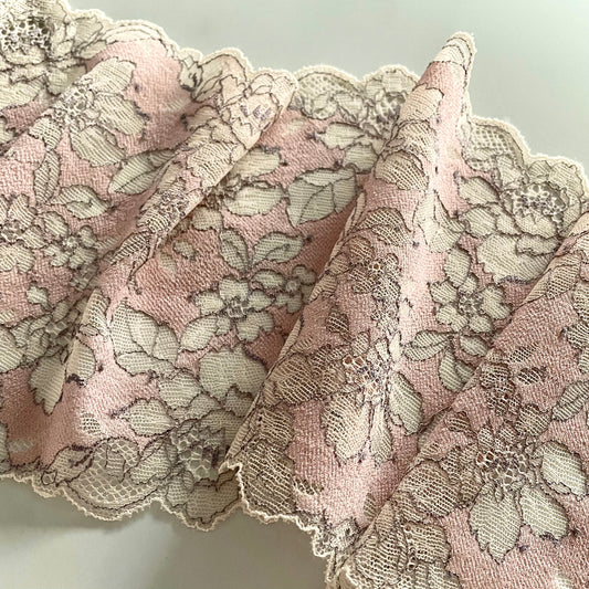 Stretch Lace Galloon | 15.5cm Wide | Shell Pink & Grey | Price per metre