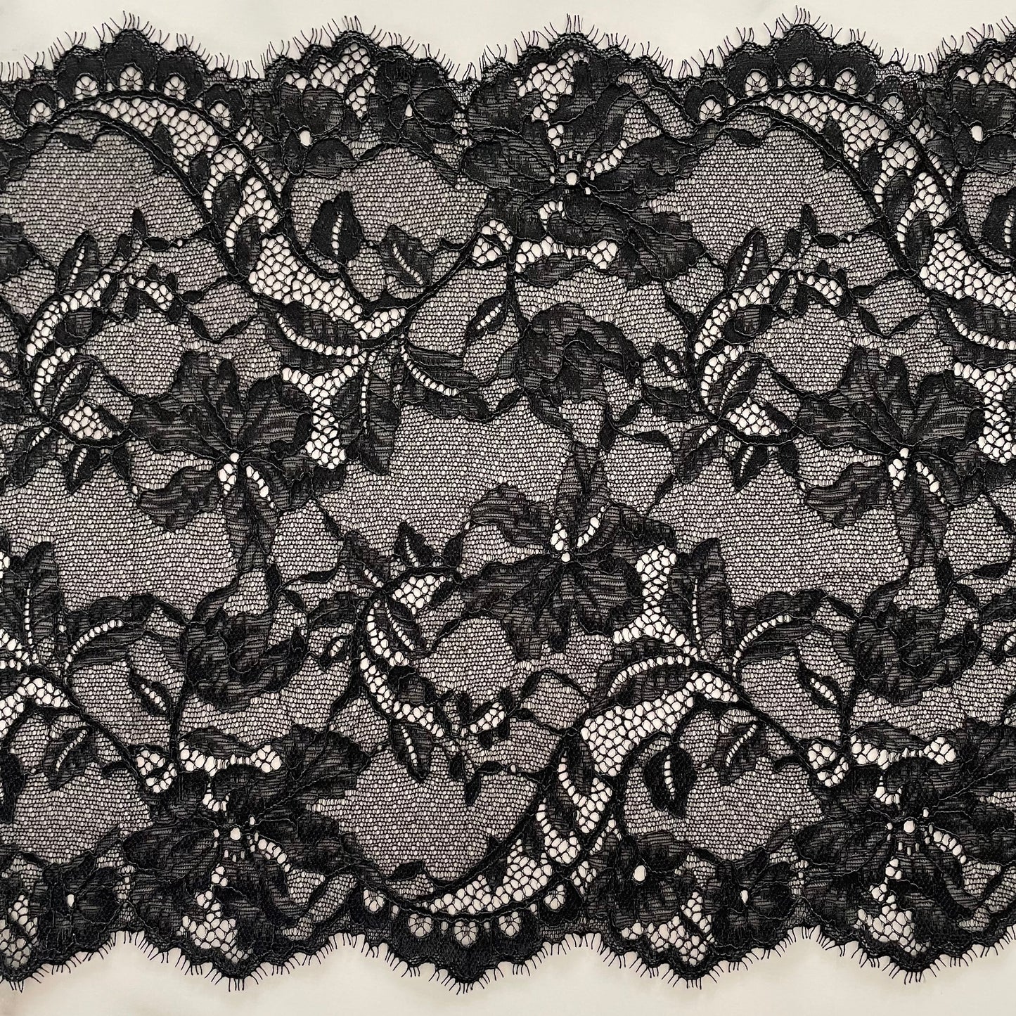Obsidian Bloom Stretch Lace | 22cm Wide | Price per metre