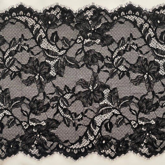 Obsidian Bloom Stretch Lace | 22cm Wide | Price per metre