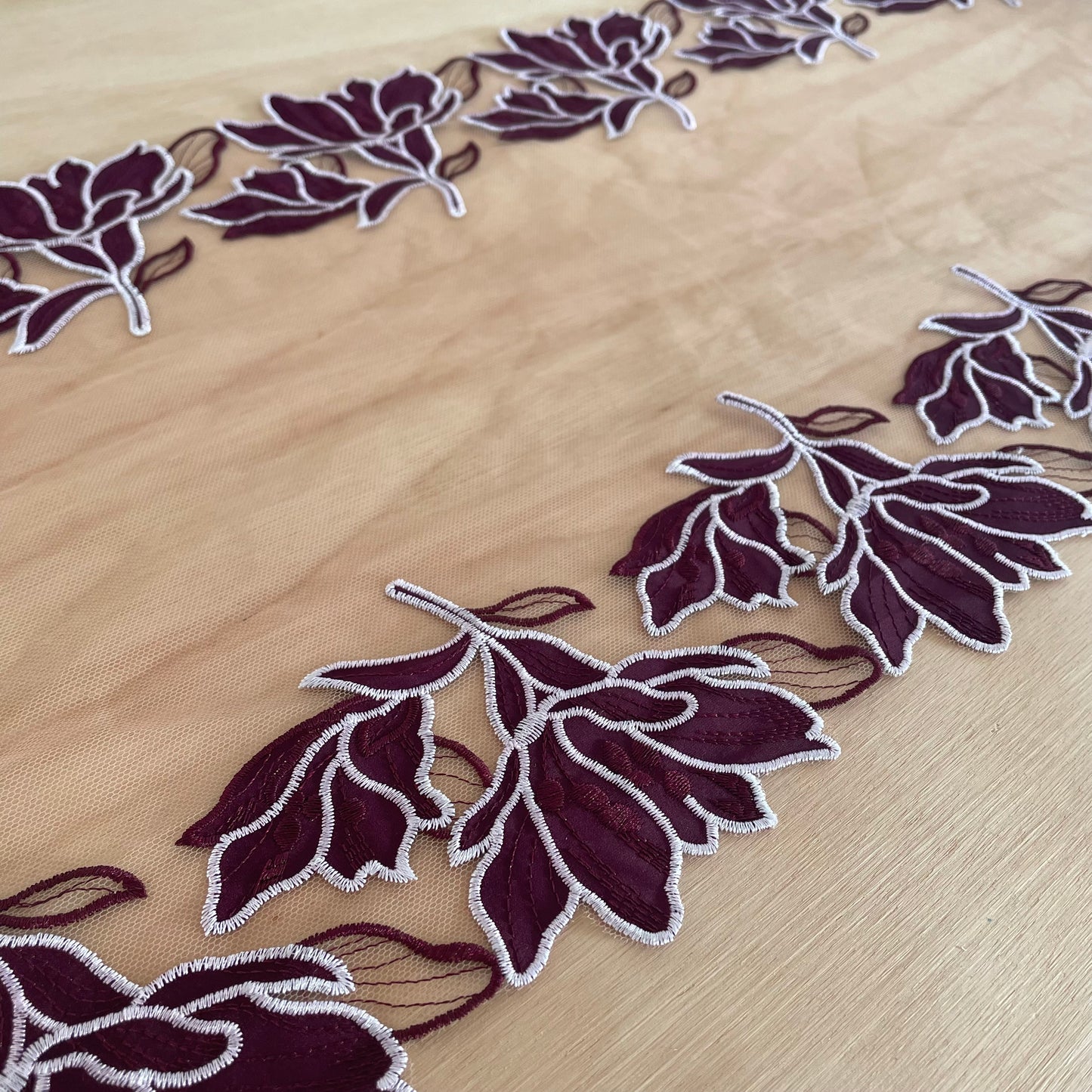 Secret Garden Burgundy Lace 31cm Wide | Double Galloon | Price per metre