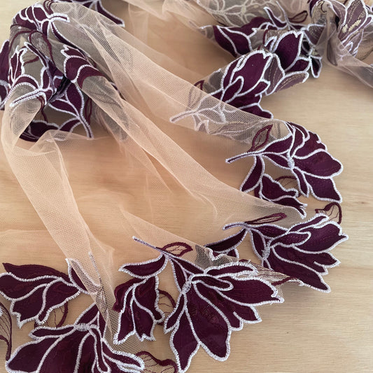 Secret Garden Burgundy Lace 31cm Wide | Double Galloon | Price per metre