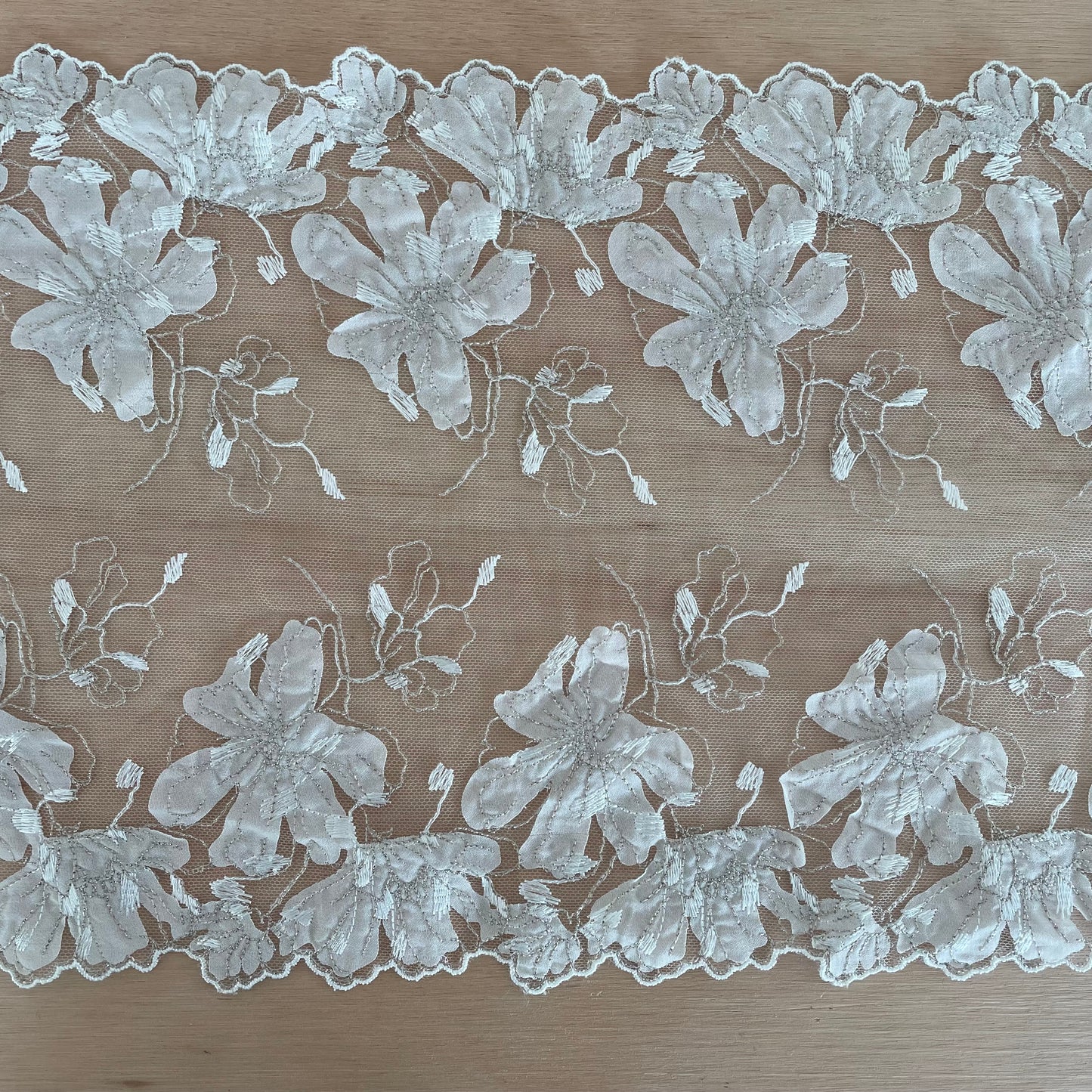 Frosted Bloom Embroidered Tulle Galloon 23cm Wide | Price per metre