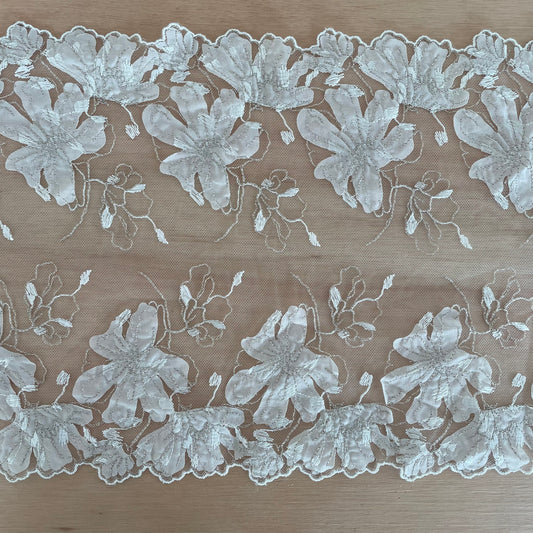 Frosted Bloom Embroidered Tulle Galloon 23cm Wide | Price per metre
