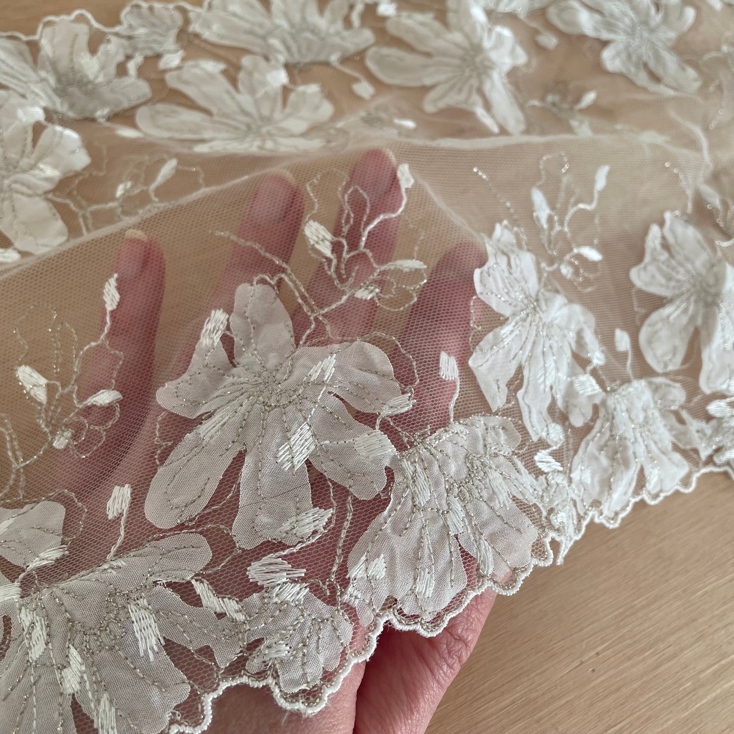 Frosted Bloom Embroidered Tulle Galloon 23cm Wide | Price per metre