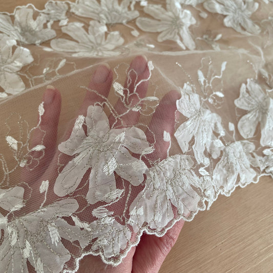 Frosted Bloom Embroidered Tulle Galloon 23cm Wide | Price per metre
