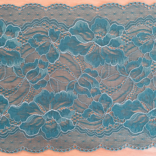 Bluewater Teal Stretch Lace | 17cm Wide | Price per metre