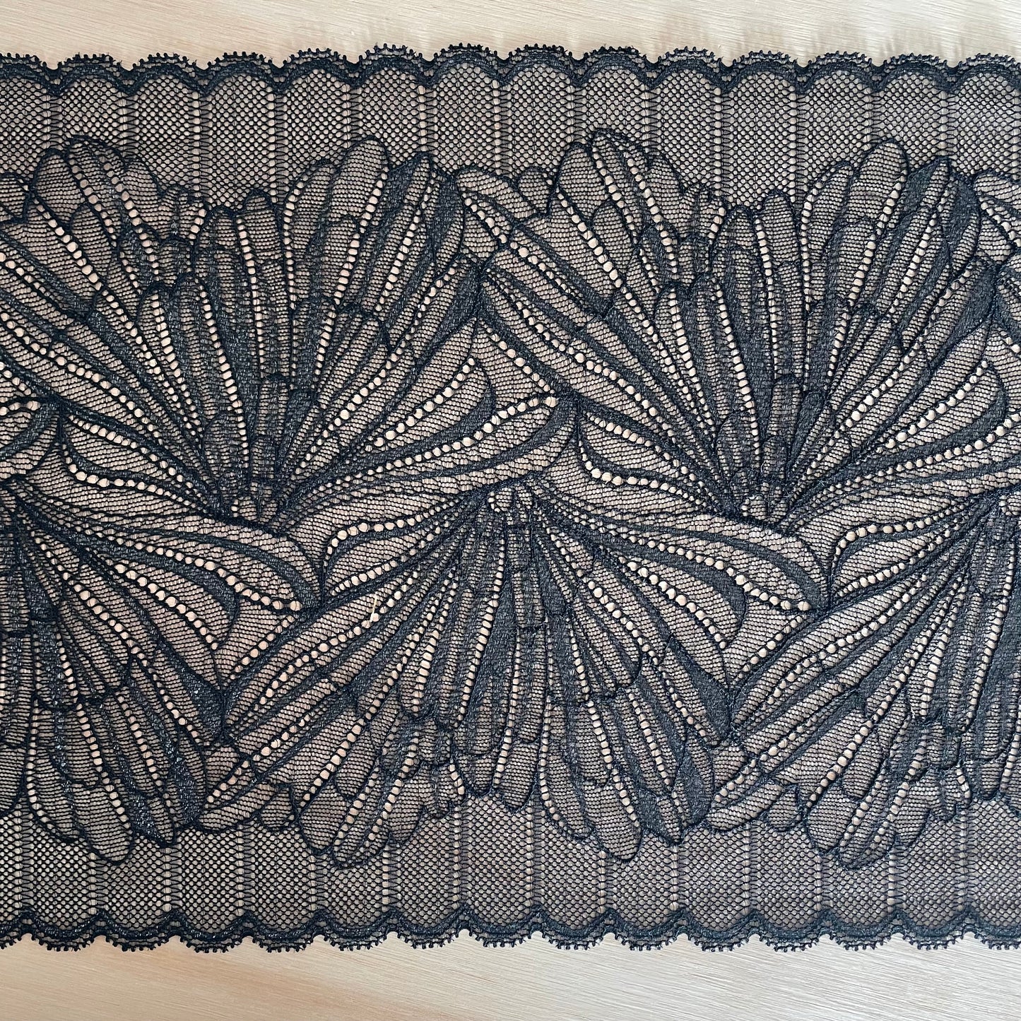 Black Shimmer Stretch Lace Fabric | 23cm Wide Scalloped Lingerie Lace | Sold by the Metre