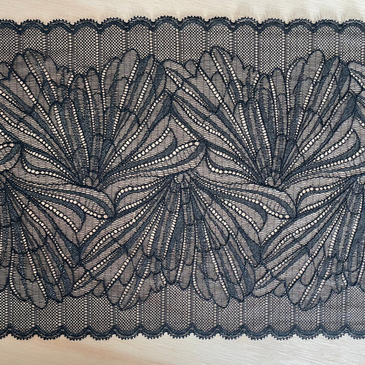 Black Shimmer Stretch Lace Fabric | 23cm Wide Scalloped Lingerie Lace | Sold by the Metre