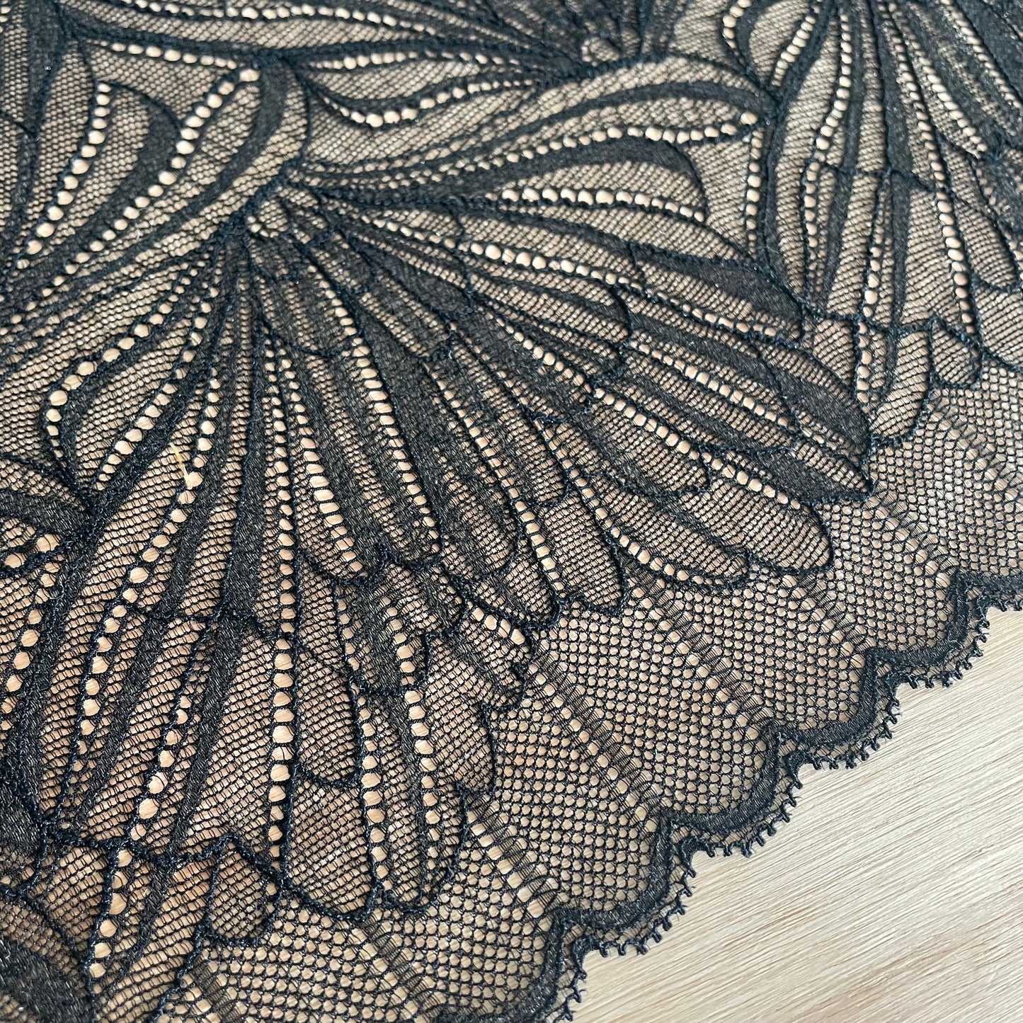 Black Shimmer Stretch Lace Fabric | 23cm Wide Scalloped Lingerie Lace | Sold by the Metre