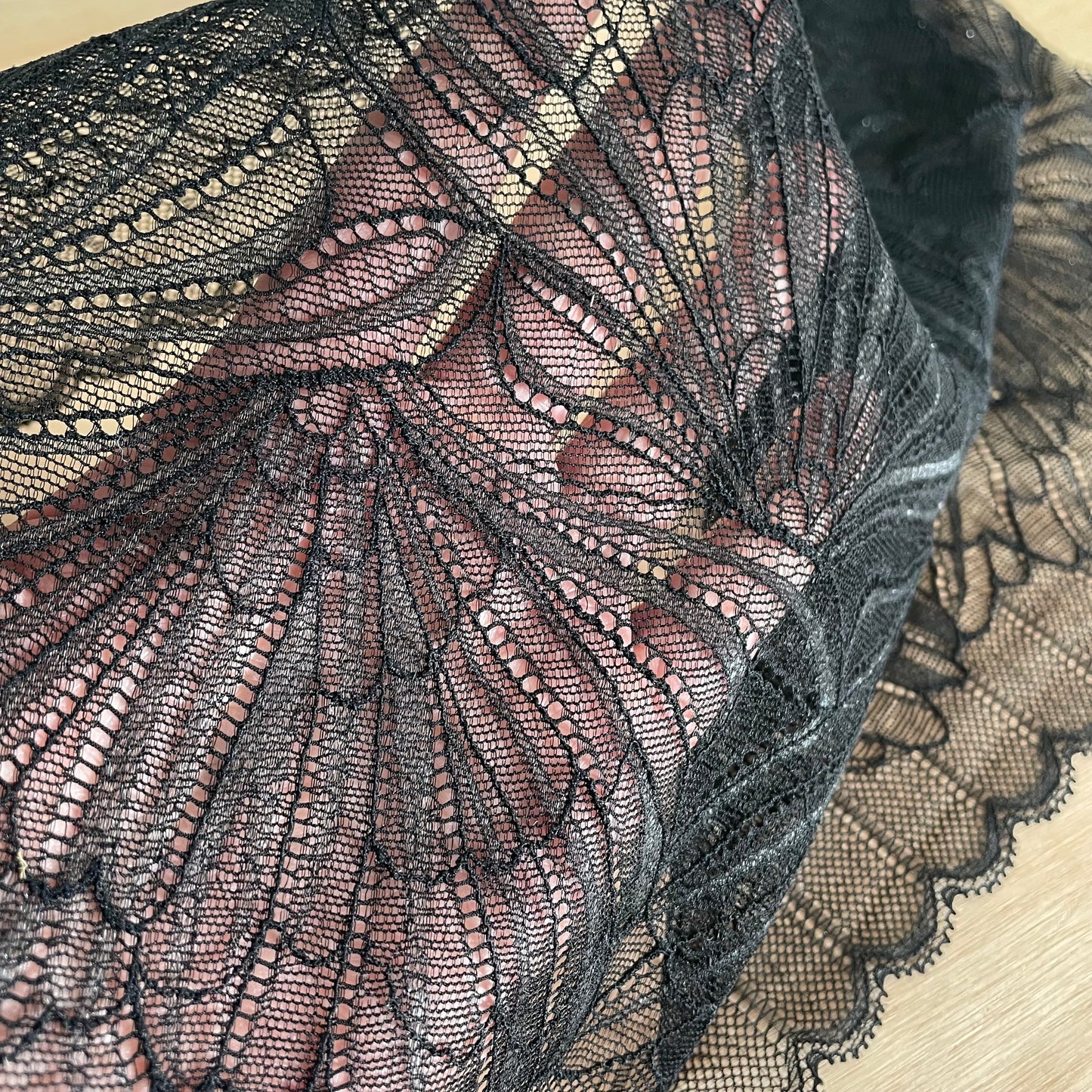 Black Shimmer Stretch Lace Fabric | 23cm Wide Scalloped Lingerie Lace | Sold by the Metre