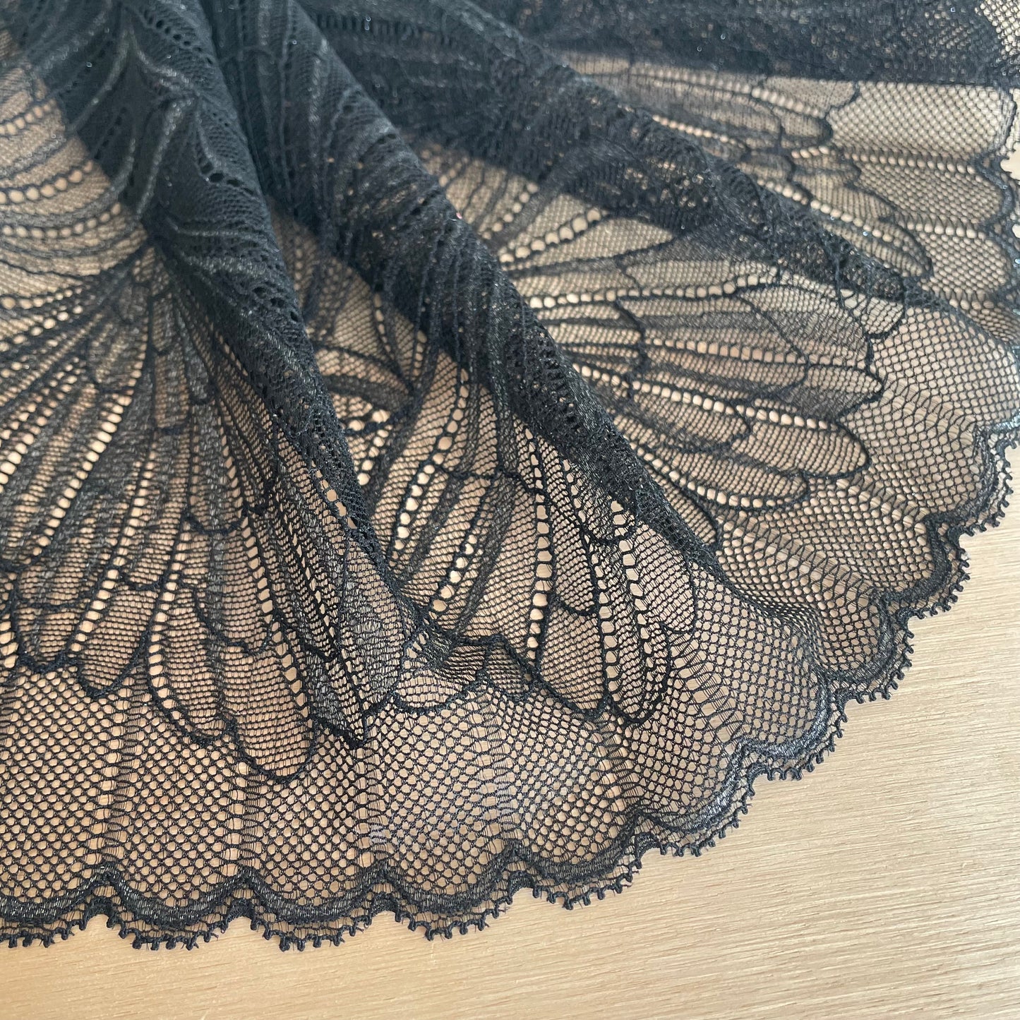 Black Shimmer Stretch Lace Fabric | 23cm Wide Scalloped Lingerie Lace | Sold by the Metre