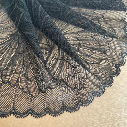 Black Shimmer Stretch Lace Fabric | 23cm Wide Scalloped Lingerie Lace | Sold by the Metre
