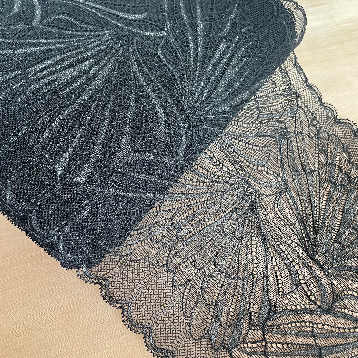 Black Shimmer Stretch Lace Fabric | 23cm Wide Scalloped Lingerie Lace | Sold by the Metre