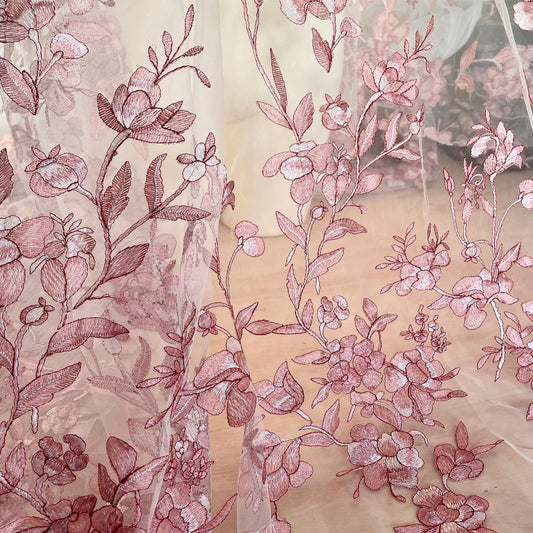 Pink Floral Embroidered Tulle Fabric – Slight Seconds, Priced Accordingly | Price per 1/2m