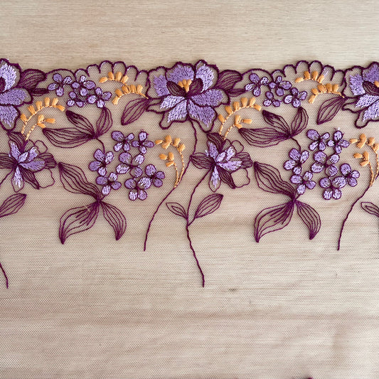 Embroidered Tulle | 18.5cm Wide | Purple Orange | Price per m (as a mirrored pair)