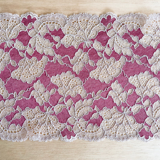 Two-tone Stretch Lace | 16cm Wide | Velvet Rose / Beige | Price per metre
