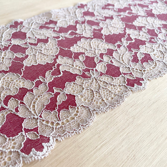 Two-tone Stretch Lace | 16cm Wide | Velvet Rose / Beige | Price per metre