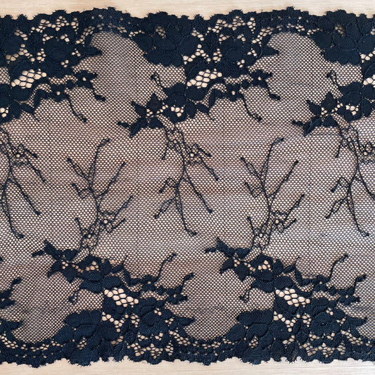 Black Corded Stretch Lace Galloon | 22.5cm Wide | Price per metre