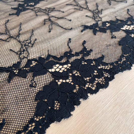 Black Corded Stretch Lace Galloon | 22.5cm Wide | Price per metre