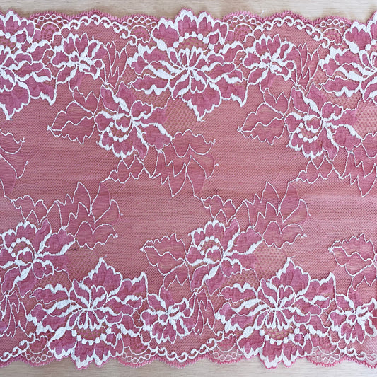 Flamingo Pink + Ivory Stretch Lace Galloon | 23.5cm Wide | Price per metre