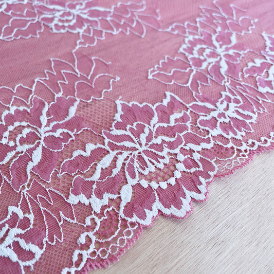 Flamingo Pink + Ivory Stretch Lace Galloon | 23.5cm Wide | Price per metre