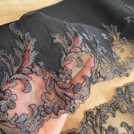 Black & Silver Embroidered Tulle Lace – Nocturne, 24.5cm Wide | Price per metre