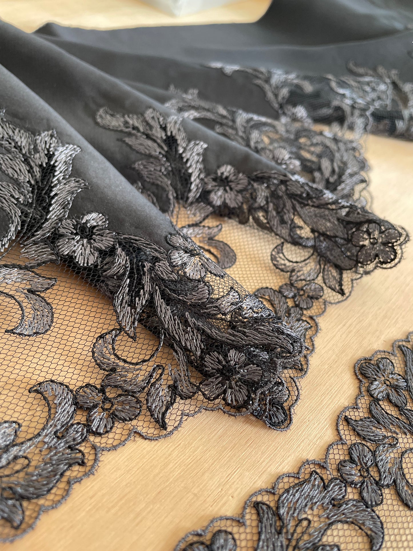 Black & Silver Embroidered Tulle Lace – Nocturne, 24.5cm Wide | Price per metre