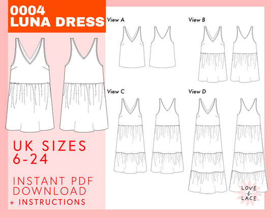 Women's Sewing Pattern | Luna Top & Dress | PDF Instant Download sizes 6-24
