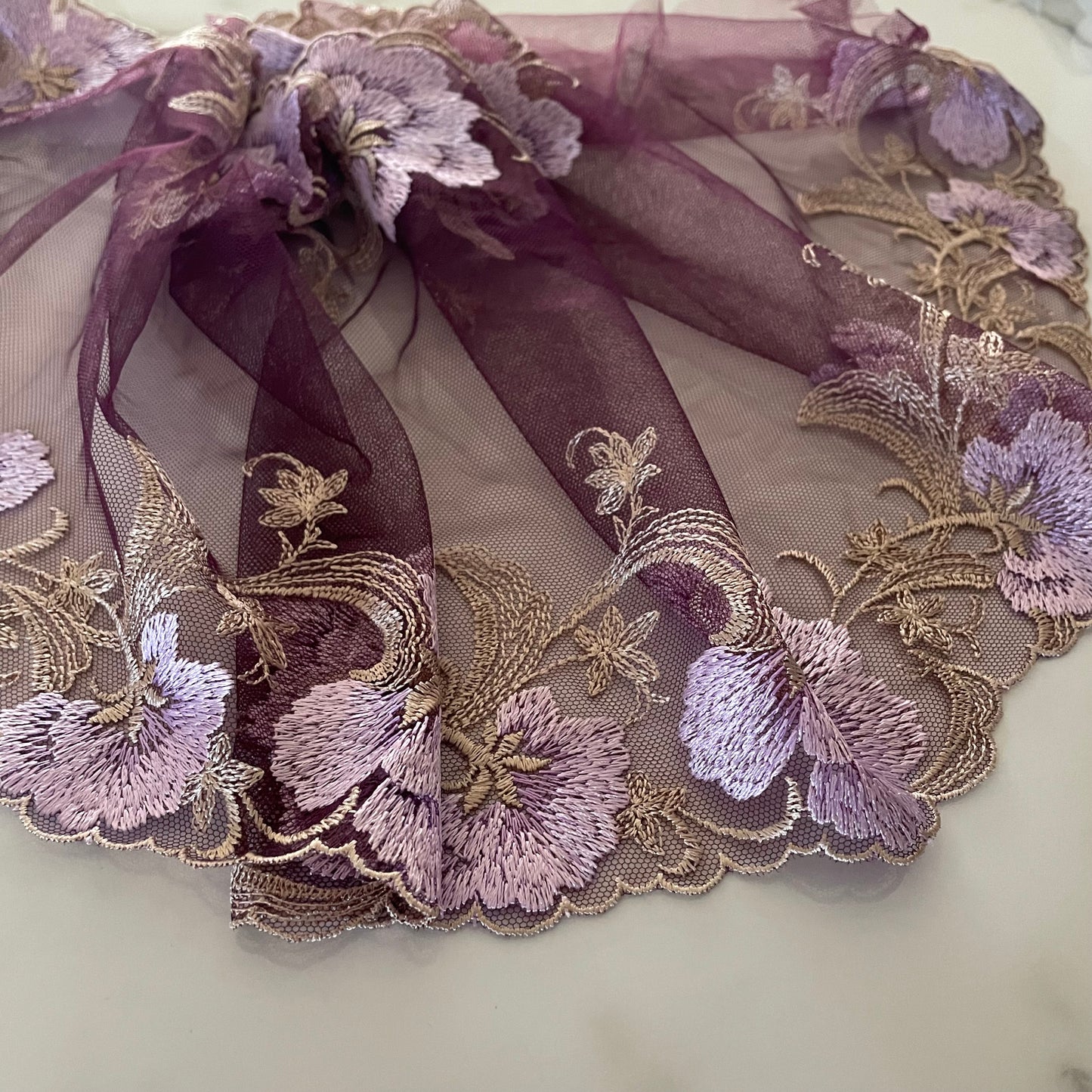 Victorian Violet 26cm Wide Embroidered Lace | Price per metre