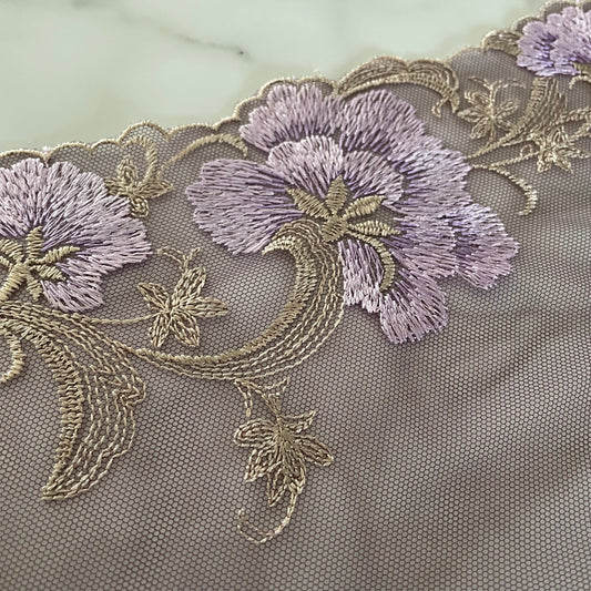 Victorian Violet 26cm Wide Embroidered Lace | Price per metre