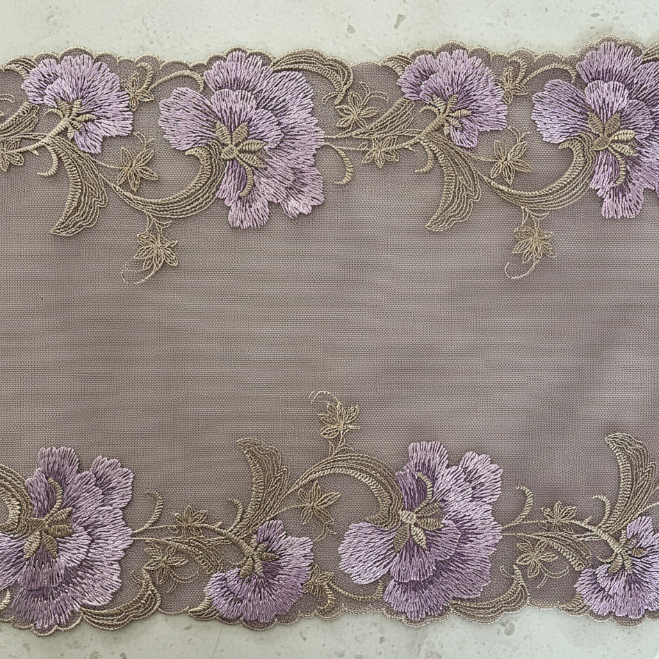 Victorian Violet 26cm Wide Embroidered Lace | Price per metre