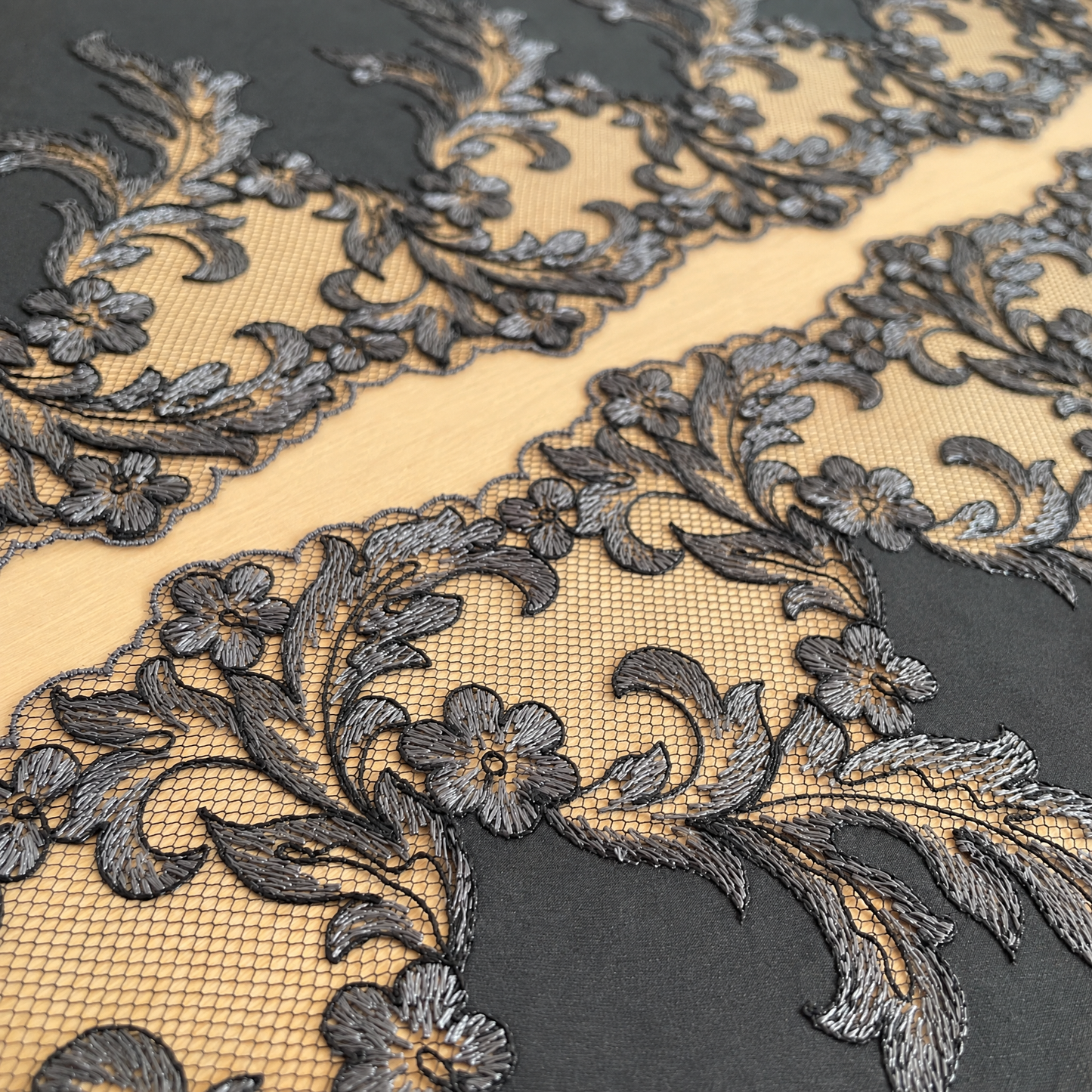 Black & Silver Embroidered Tulle Lace – Nocturne, 24.5cm Wide | Price per metre