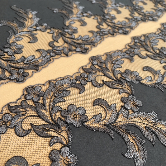 Black & Silver Embroidered Tulle Lace – Nocturne, 24.5cm Wide | Price per metre