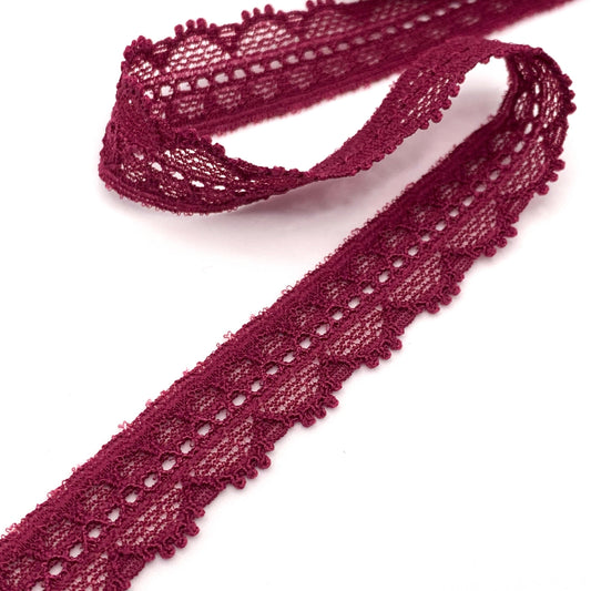 Narrow Stretch Lace Trim | 1.5cm Wide | Sangria | Price per metre