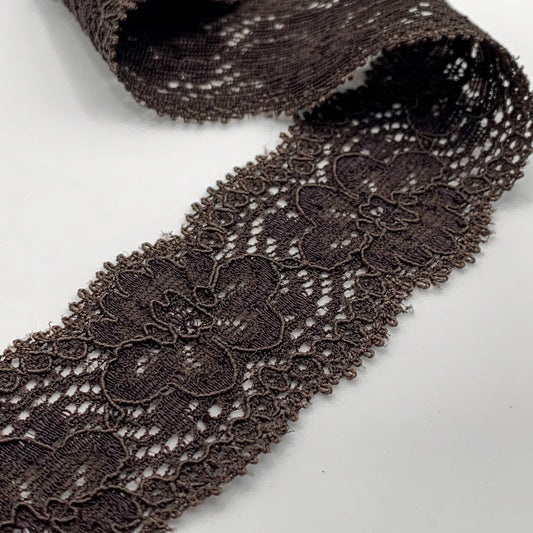 Stretch Lace Trim | 3.2cm Wide | Cacao Brown | Price per metre