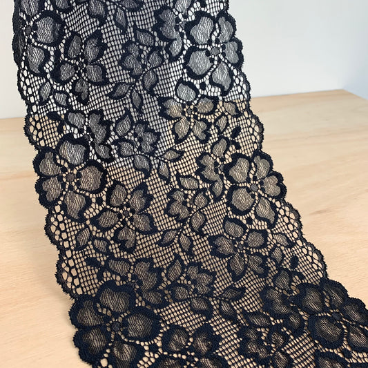 Recycled Stretch Lace Galloon | 16cm Wide | Black | Price per metre