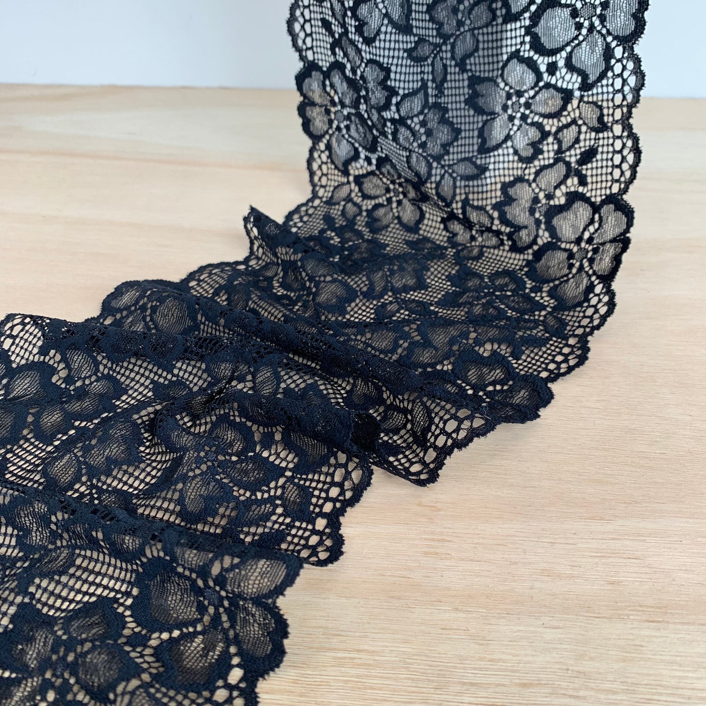 Recycled Stretch Lace Galloon | 16cm Wide | Black | Price per metre