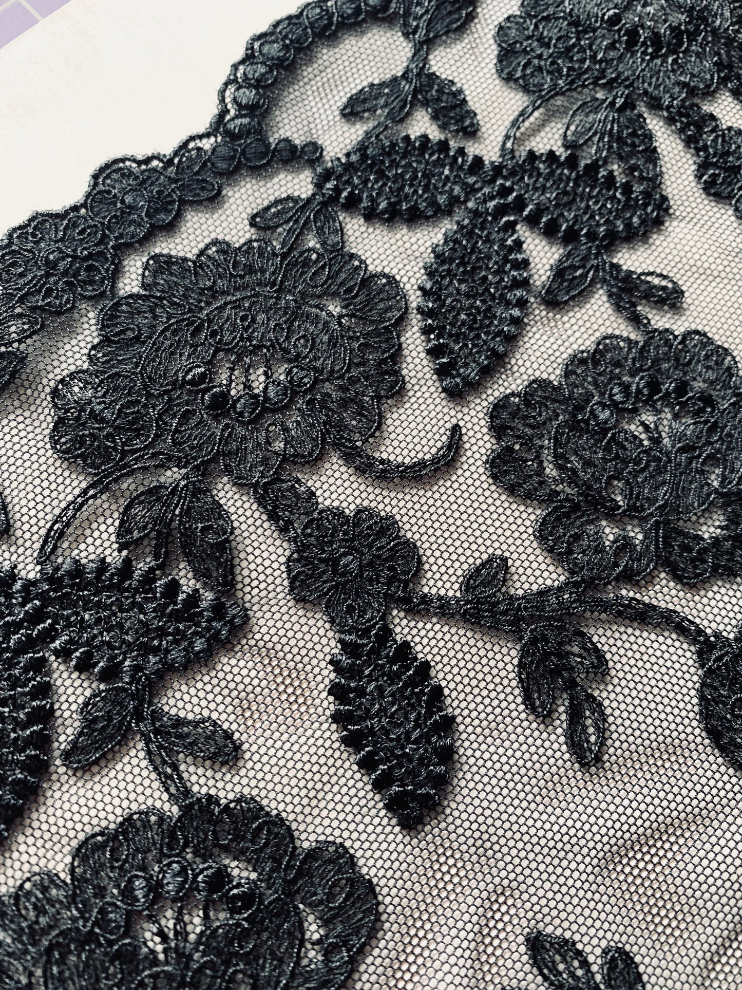 Embroidered Stretch Tulle | Black Lace Embroidery Galloon for Bra Making | Price per half metre
