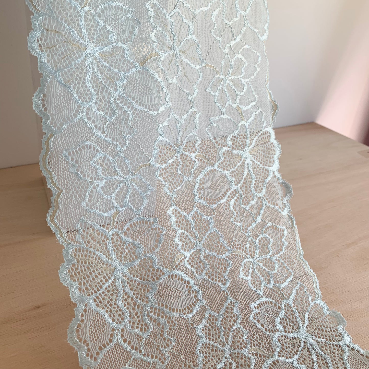 Cotton Stretch Lace Galloon |  16cm Wide | Cinderella Blue | Price per metre
