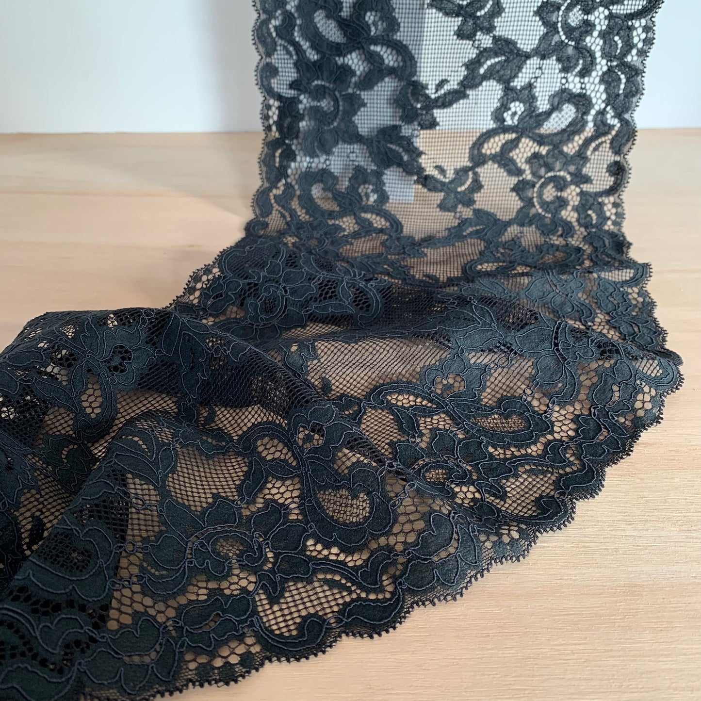 Cotton Stretch Lace Galloon |  23cm Wide | Black | Price per metre