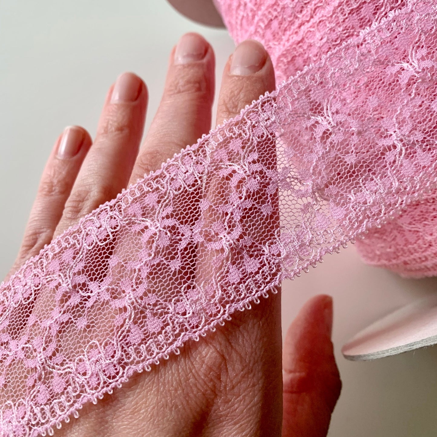 Rigid Nottingham Lace Trim by the Metre | 4.5cm wide | Pink floral lace | Lingerie Sewing Supplies | Price per metre