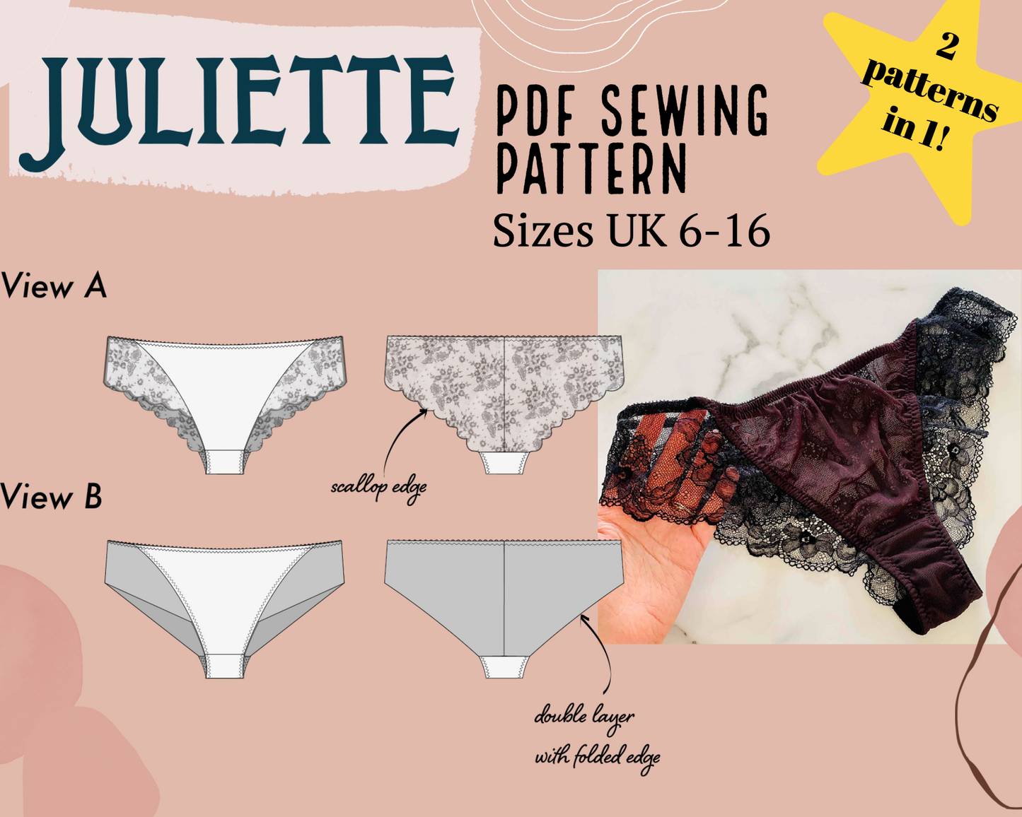 Mid-rise Lace Back Brief Sewing Pattern | Sizes UK 6-16 | Juliette